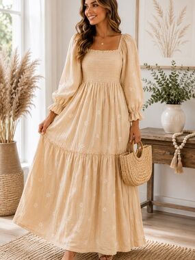 Smocked Square-Neck Maxi Dress in Beige